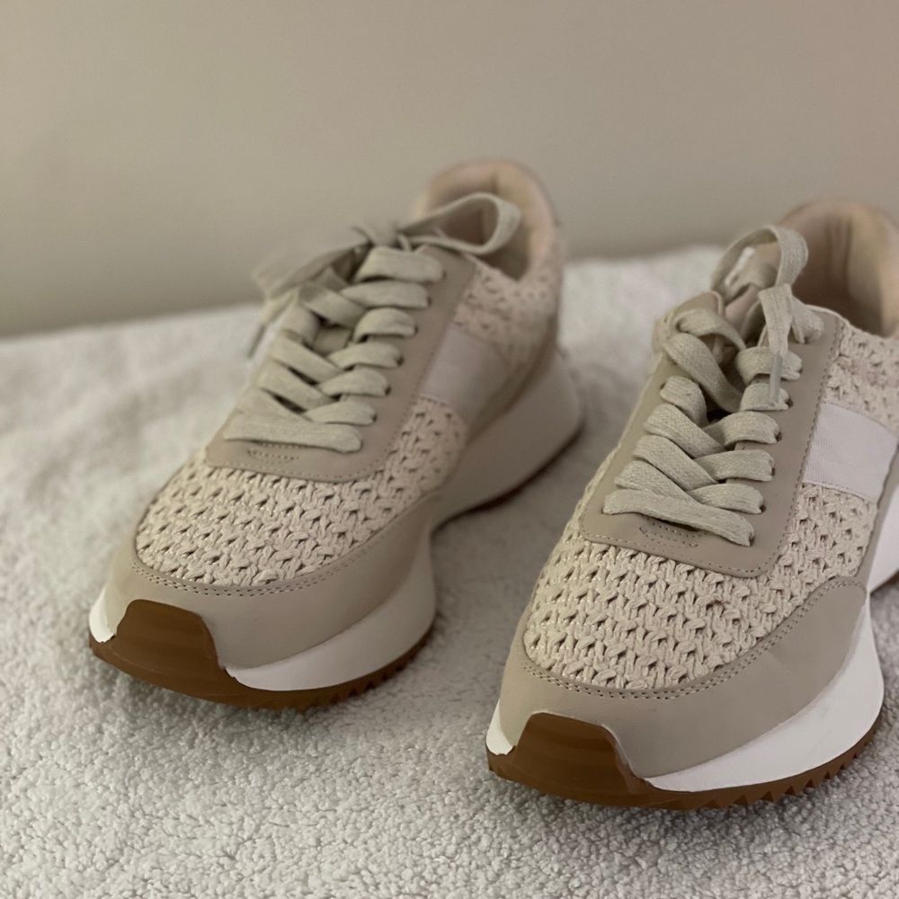 Sneakers, tan with crochet details, never worn